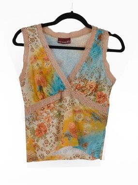 Vintage Nevada Y2K Floral Patchwork Tank Top Lace Trim Cami Fairy Grunge 90s 00s